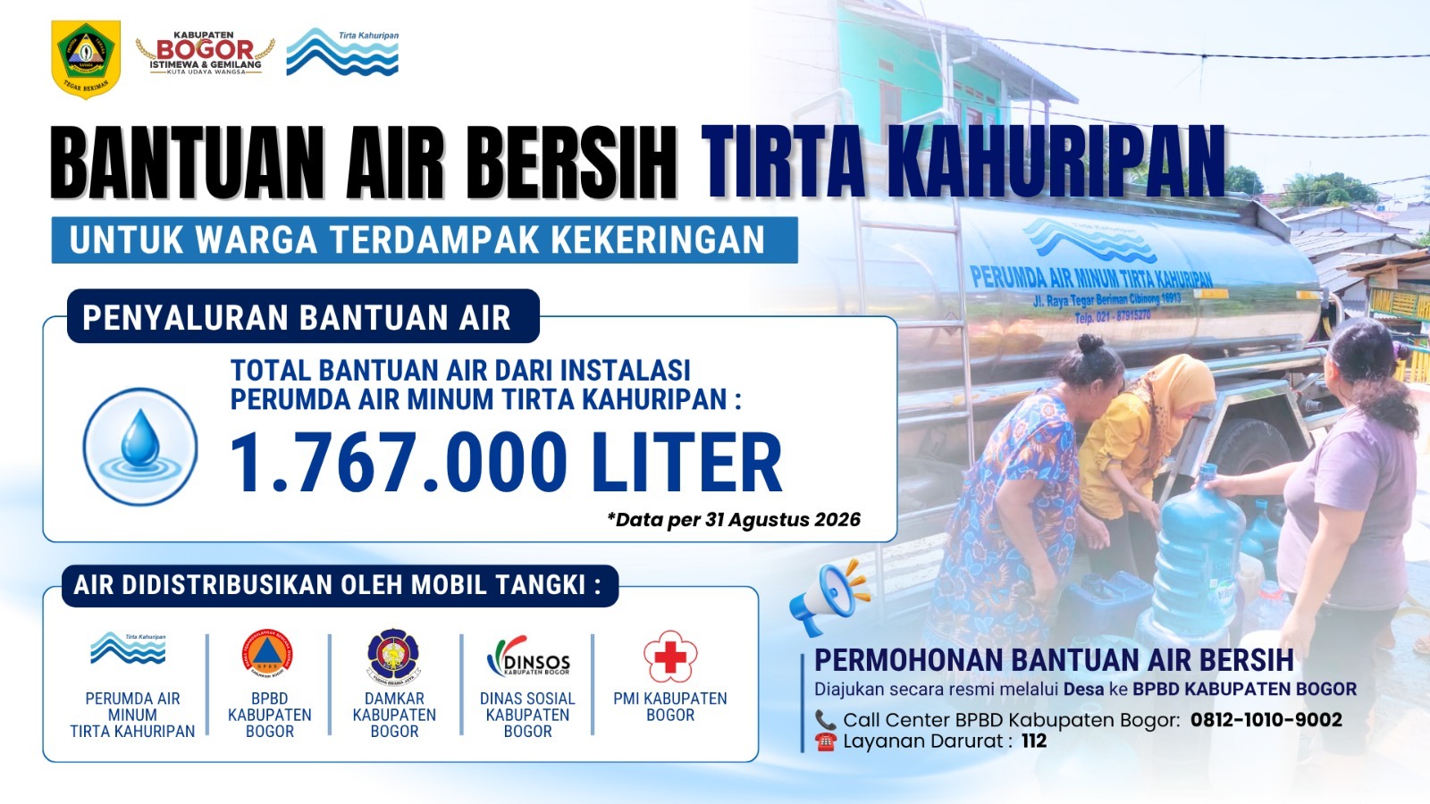 Pemkab Bogor Salurkan 1,7 Juta Liter Air Bersih untuk Warga Terdampak Kekeringan