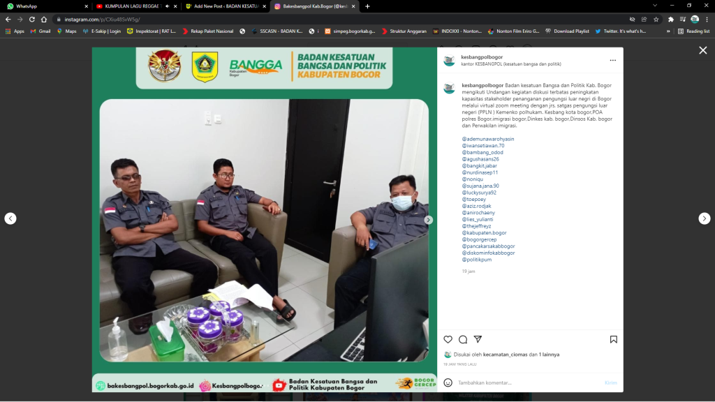 Badan kesatuan Bangsa dan Politik Kab. Bogor mengikuti Undangan kegiatan diskusi terbatas peningkatan kapasitas stakeholder penanganan pengungsi luar negri di Bogor melalui virtual zoom meeting dengan jrs, satgas pengungsi luar negeri (PPLN ) Kemenko polhukam. Kesbang kota bogor,POA polres Bogor,imigrasi bogor,Dinkes kab. bogor,Dinsos Kab. bogor dan Perwakilan imigrasi.