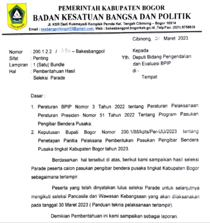 Pemberitahuan Hasil Seleksi Parade Paskibraka Kabupaten Bogor Tahun 2023, beserta Panduan Mengikuti Seleksi Pancasila dan Wawasan Kebangsaan